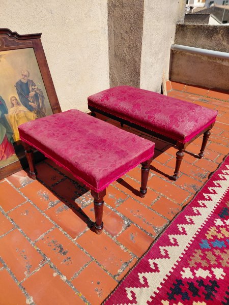 2 antique wooden benchlets / stools / bench fabric-covered wood