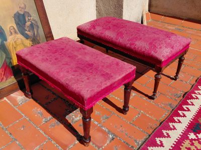 2 antique wooden benchlets / stools / bench fabric-covered wood
