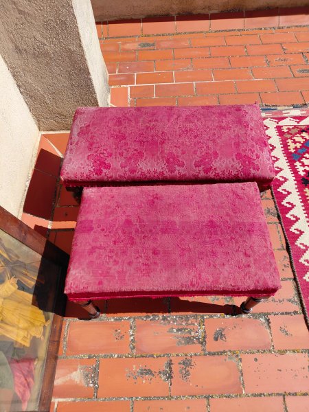 2 antique wooden benchlets / stools / bench fabric-covered wood