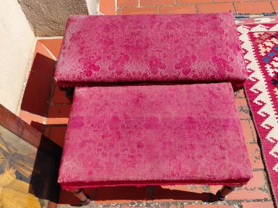 2 antique wooden benchlets / stools / bench fabric-covered wood