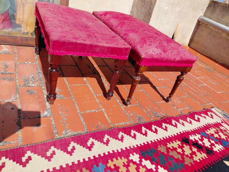 2 antique wooden benchlets / stools / bench fabric-covered wood