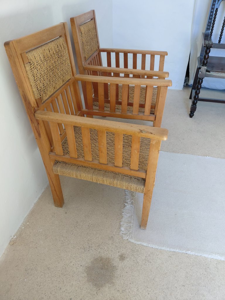 2 antique wooden armchairs with woven seats