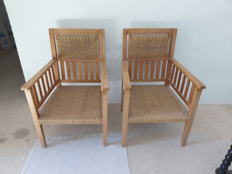 2 antique wooden armchairs with woven seats
