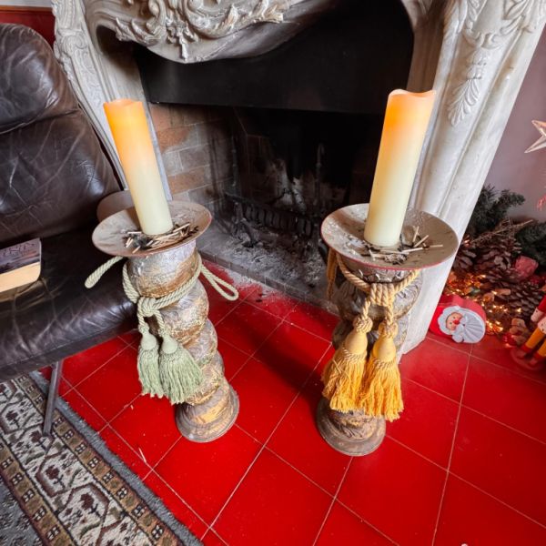 2 wooden candle holders