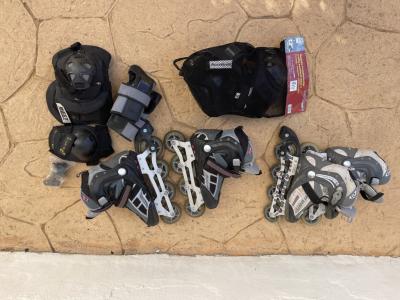 2 Paar Inliner Gr. 38 und 39 inkl. Schoner, teils neu, siehe Bilder