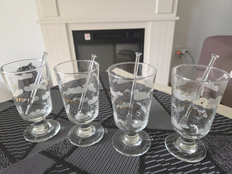 4er Set Vintage Leonardo Grog-Gläser Wolke mit Glas-Rührstäben (80er Jahre)
