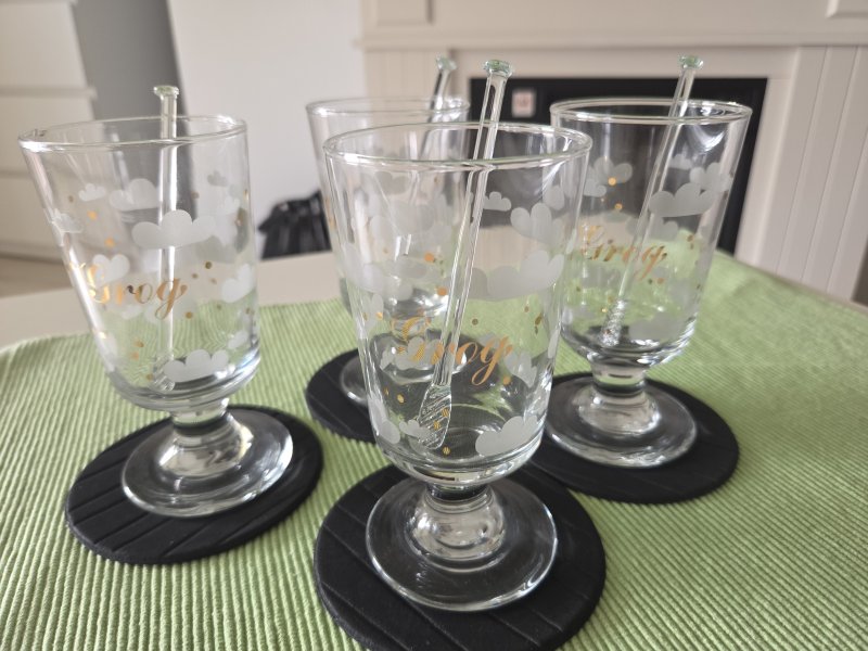 4er Set Vintage Leonardo Grog-Gläser Wolke mit Glas-Rührstäben (80er Jahre)