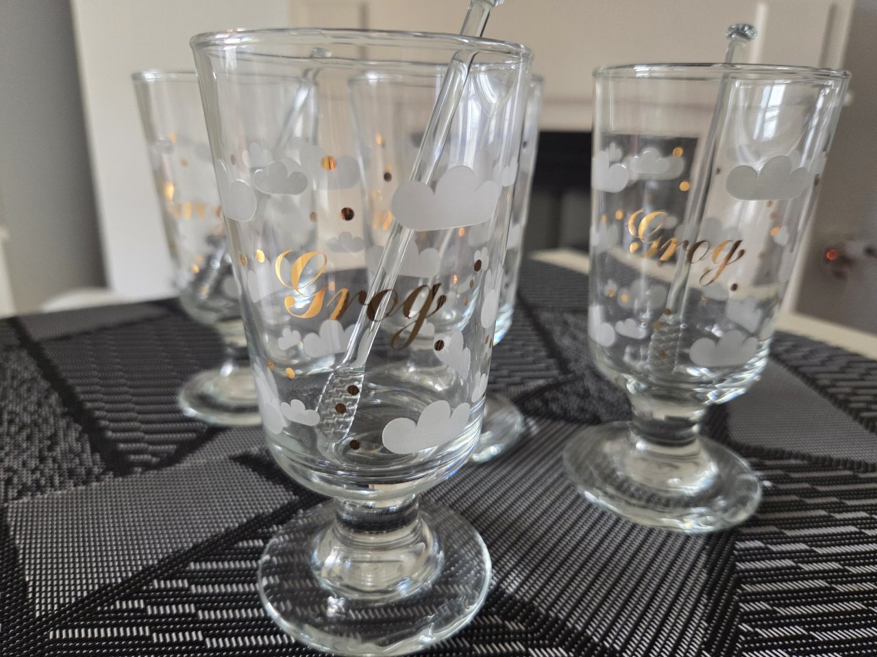 4er Set Vintage Leonardo Grog-Gläser Wolke mit Glas-Rührstäben (80er Jahre)