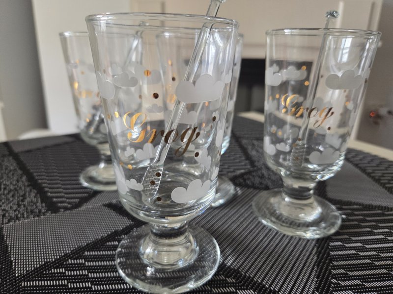 4er Set Vintage Leonardo Grog-Gläser Wolke mit Glas-Rührstäben (80er Jahre)