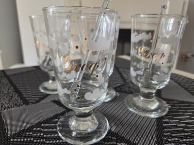 4er Set Vintage Leonardo Grog-Gläser Wolke mit Glas-Rührstäben (80er Jahre)