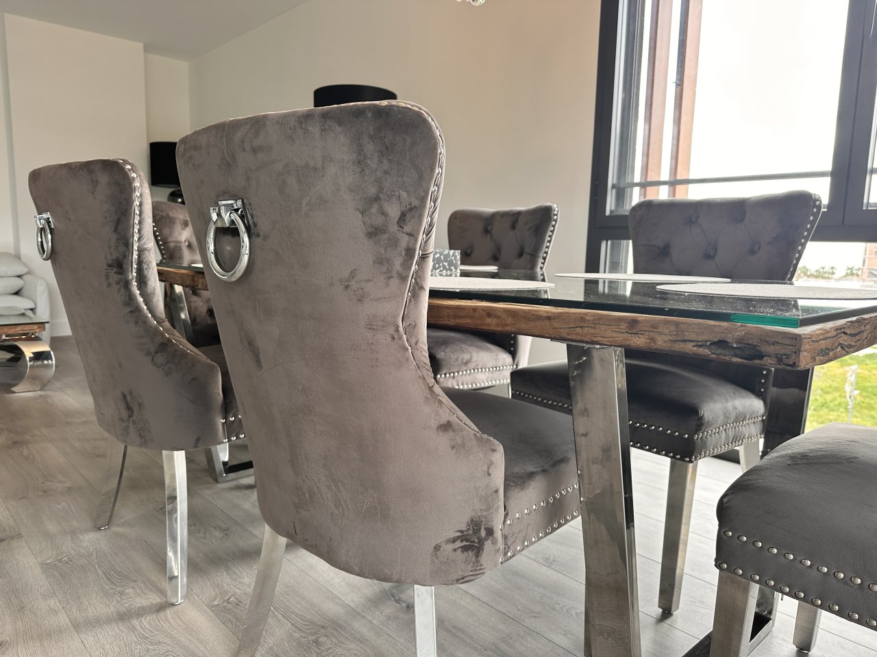 8 elegante Samt-Esszimmerstühle im Chesterfield-Stil mit Ringgriff  Komplettset (Palma)
