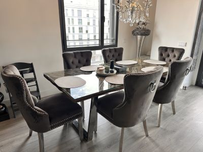 8 elegante Samt-Esszimmerstühle im Chesterfield-Stil mit Ringgriff  Komplettset (Palma)