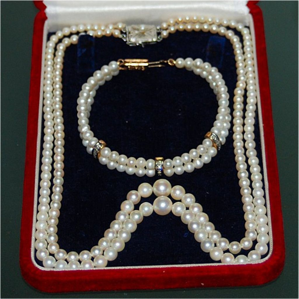 Akoya Perlen-Schmuck-Set Halskette, Armband und Ring mit Sterling Silver und 8 K Gold