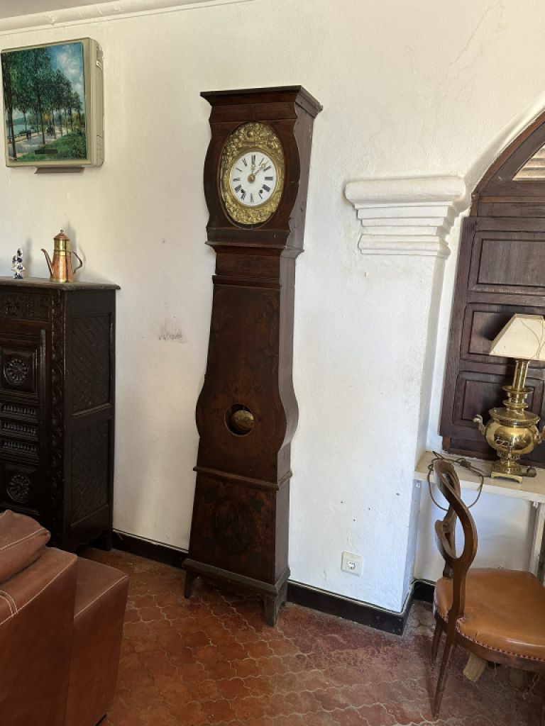 Antique Mallorcan wooden longcase clock, mechanical with bell strike and winding pendulum