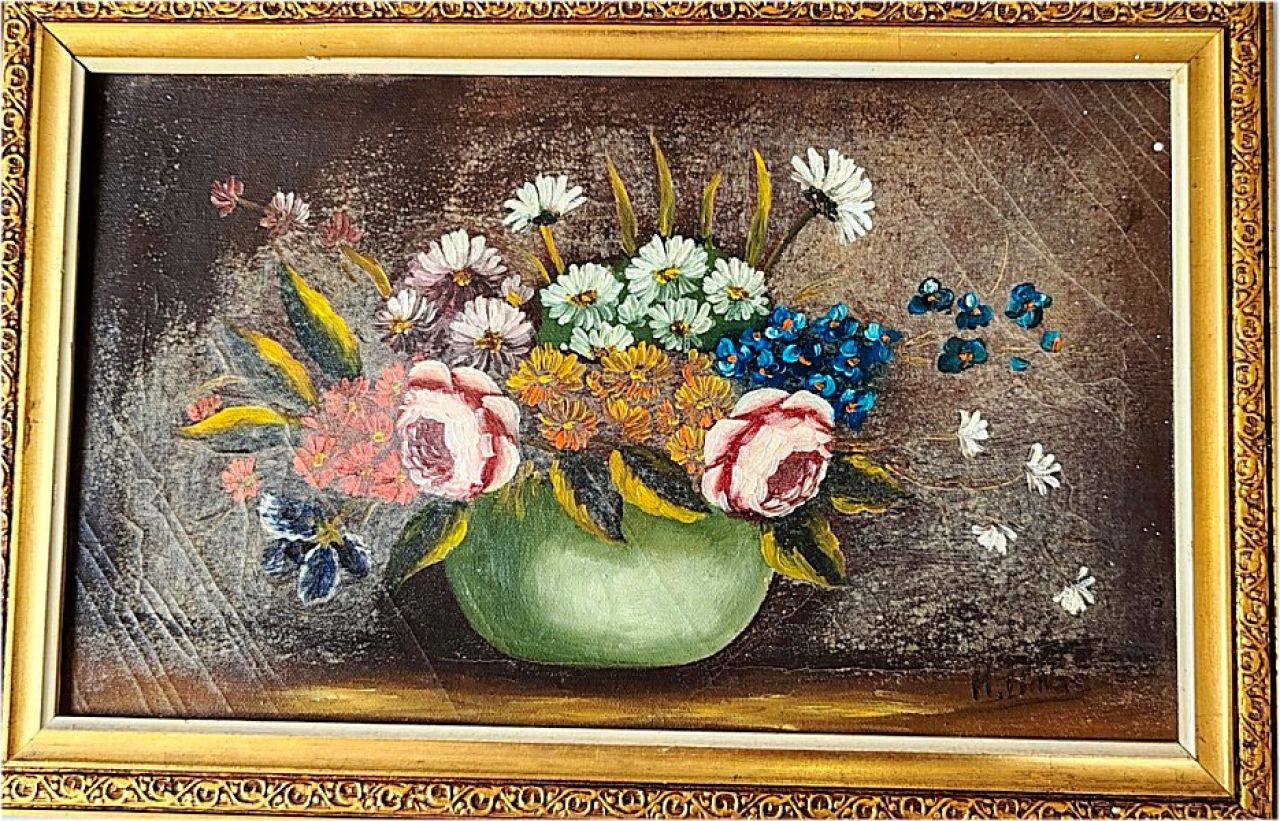 antique painting, floral still life, original oil on canvas, signed