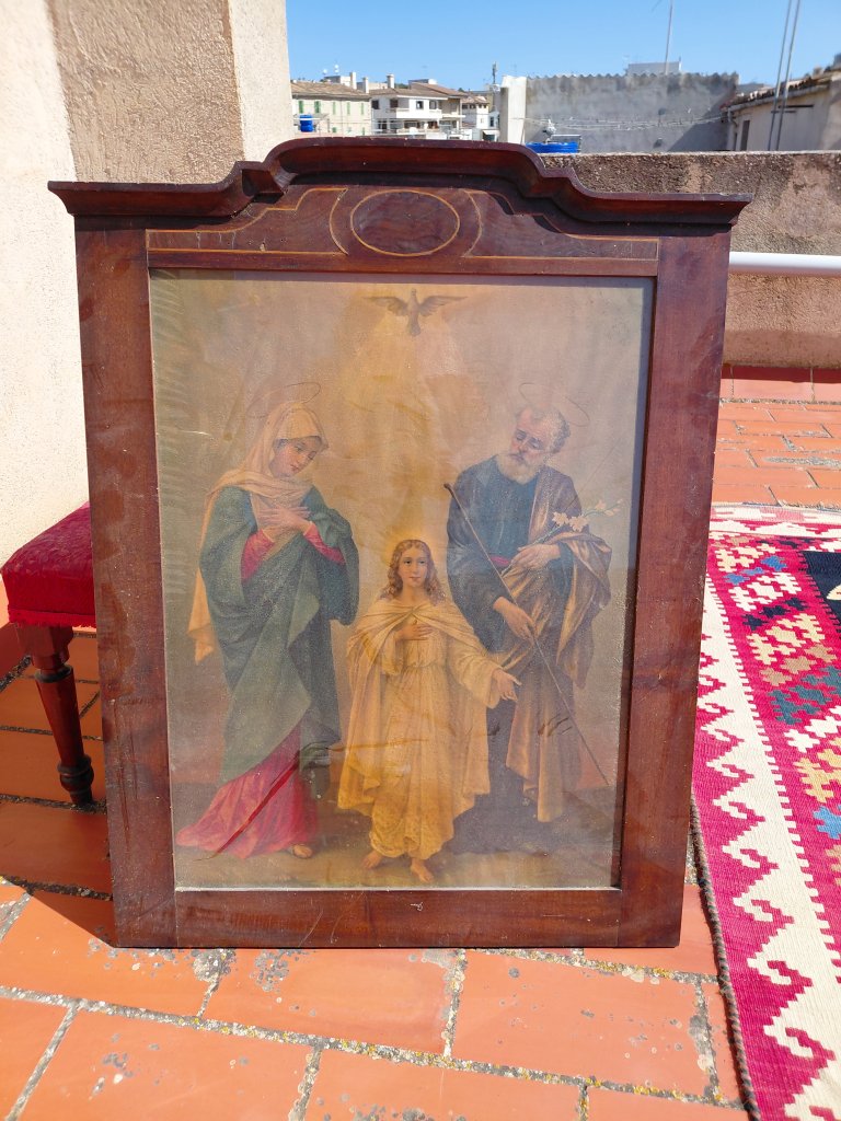 Antikes Heiligenbild Heilige Familie Holzrahmen