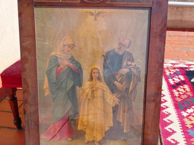 Antikes Heiligenbild Heilige Familie Holzrahmen