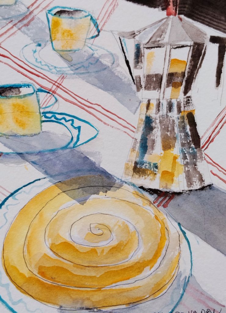 Acuarela cafè y ensaimada