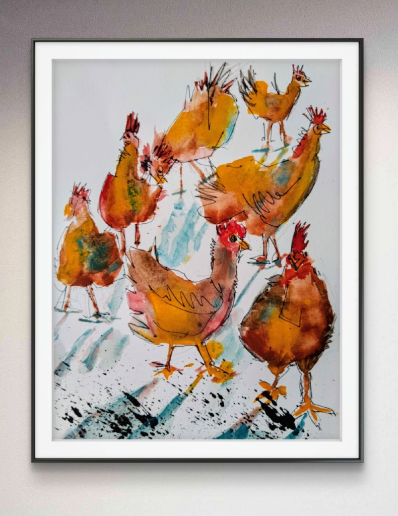 Watercolor of free-range hens