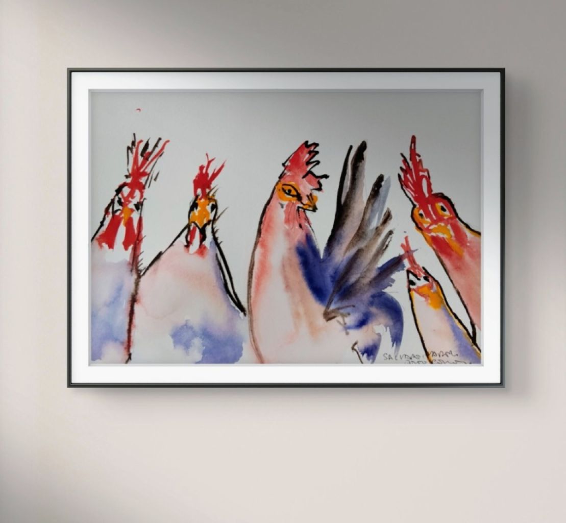 Watercolor of chickens on paper