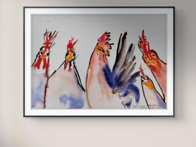 Watercolor of chickens on paper