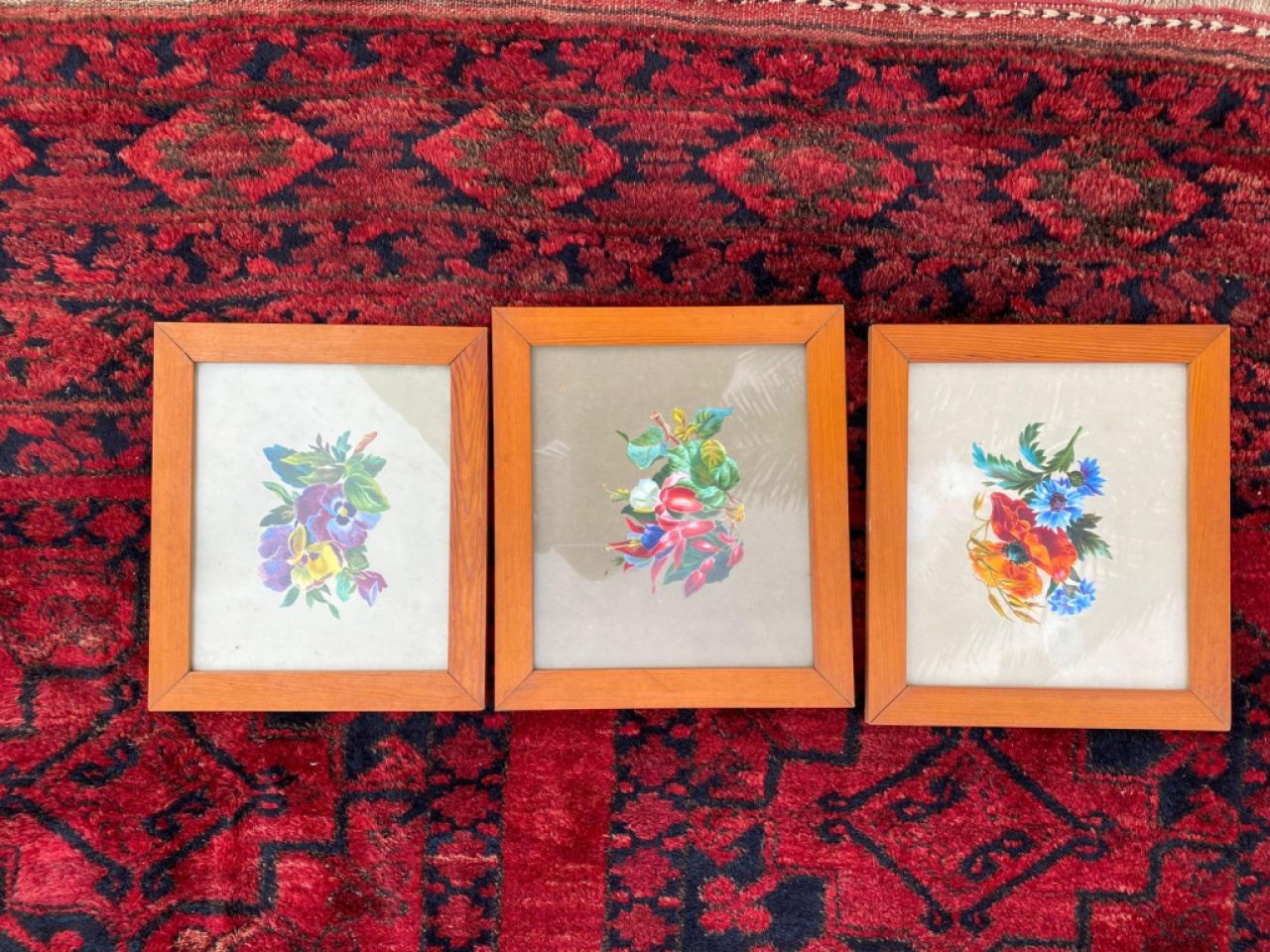 Cuadros (set de 3), pequeños, motivo floral, marcos de madera