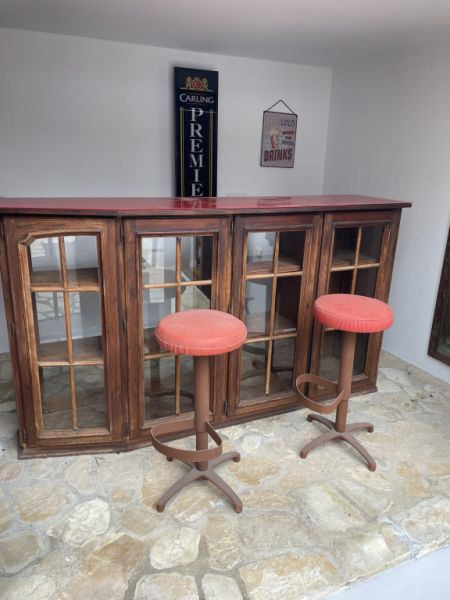 Charming home bar with 2 bar stools & mirror – rustic, decorative, ready to use