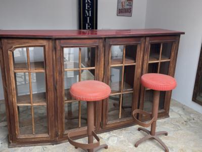 Charming home bar with 2 bar stools & mirror – rustic, decorative, ready to use