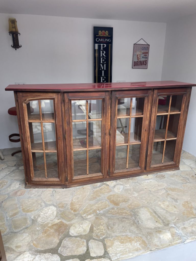 Charming home bar with 2 bar stools & mirror – rustic, decorative, ready to use