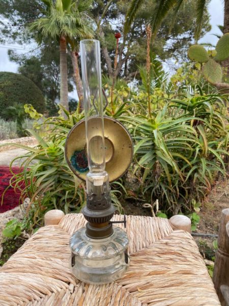 Decorative antique oil lamp, tall glass