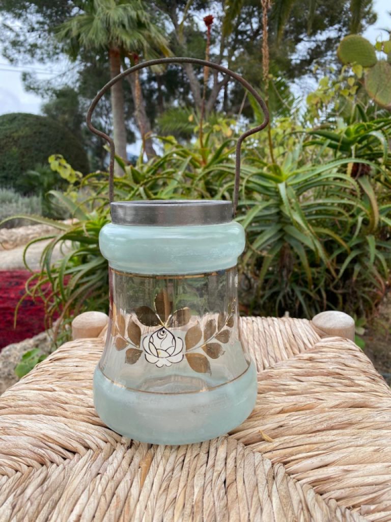 DECORACIÓN portavelas para tealight grande, cristal pintado con borde de estaño