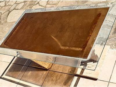 Design-Couchtisch 70er/80er Postmodern – Beton & Rauchglas – 3-in-1 Design