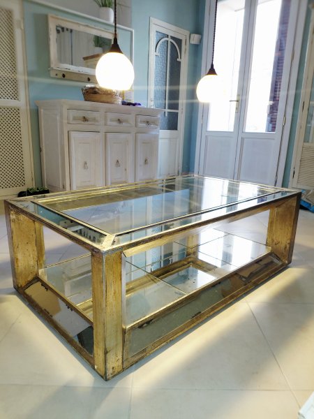 Edler eleganter Couchtisch Spiegel Glastisch verspiegelt  Gold Silber