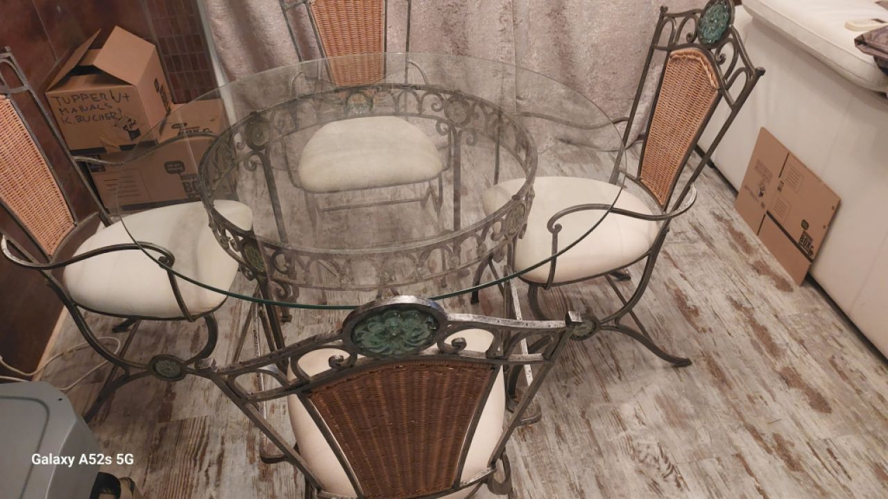 Elegant dining table with glass top & 6 chairs – forged iron with glass elements