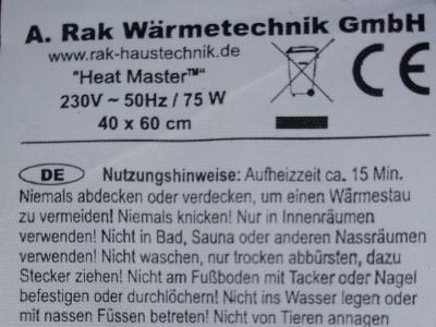 Elektrisch beheizte Teppichmatte für Innenräume Heat Master FH21024