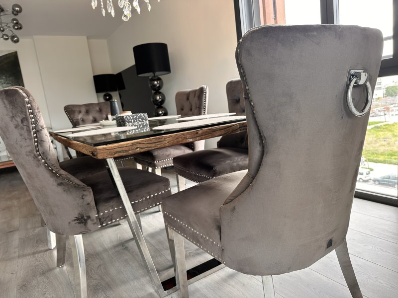 Exklusiver Designer-Esstisch aus Massivholz mit Glasplatte & Edelstahlgestell (Palma)