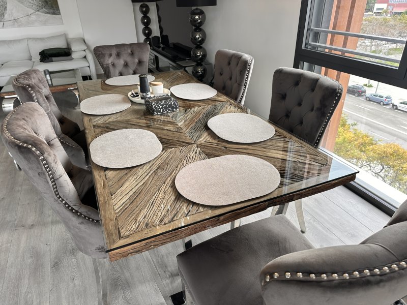 Exklusiver Designer-Esstisch aus Massivholz mit Glasplatte & Edelstahlgestell (Palma)