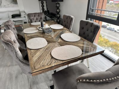 Exklusiver Designer-Esstisch aus Massivholz mit Glasplatte & Edelstahlgestell (Palma)