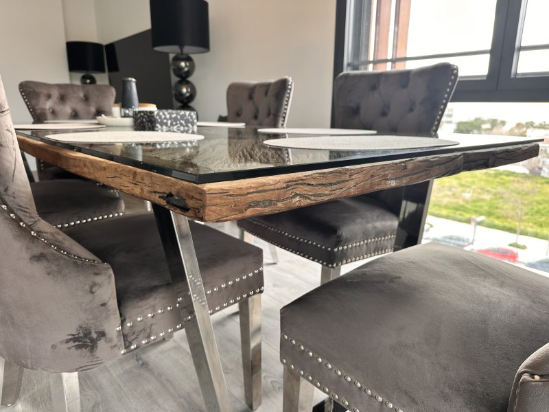 Exklusiver Designer-Esstisch aus Massivholz mit Glasplatte & Edelstahlgestell (Palma)