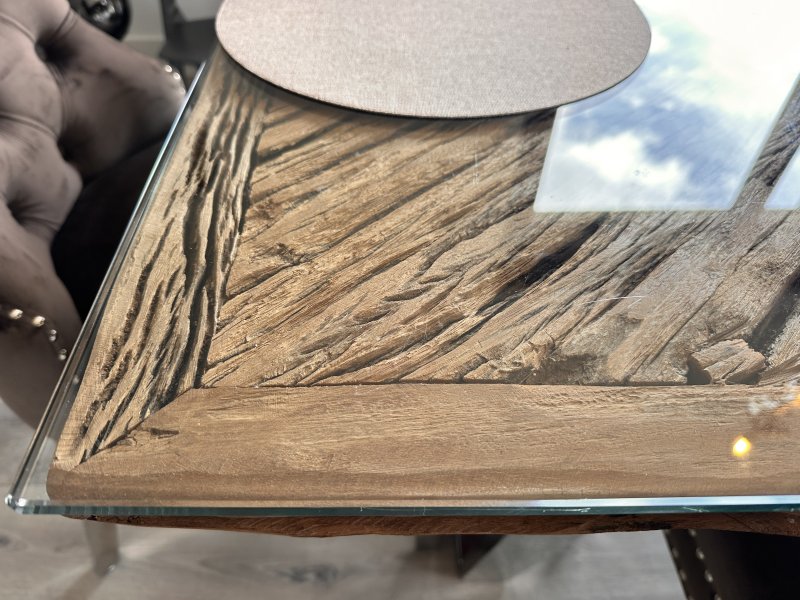 Exklusiver Designer-Esstisch aus Massivholz mit Glasplatte & Edelstahlgestell (Palma)