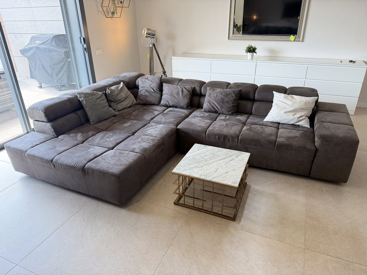 Large sectional sofa grey 320 cm + ottoman