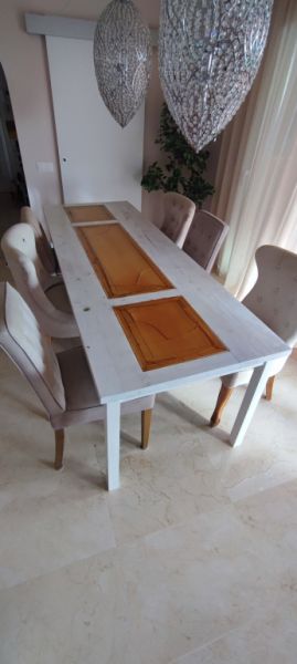 Großer Esstisch in Handarbeit gefertigt/echtes Holz inkl. 6x Riviera Maison Esstühle