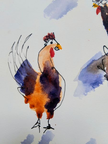 Gruppe von Hühnern in Aquarell auf Papier