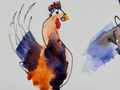 Gruppe von Hühnern in Aquarell auf Papier