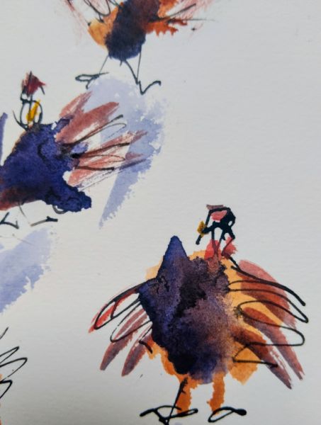 Gruppe von Hühnern in Aquarell auf Papier