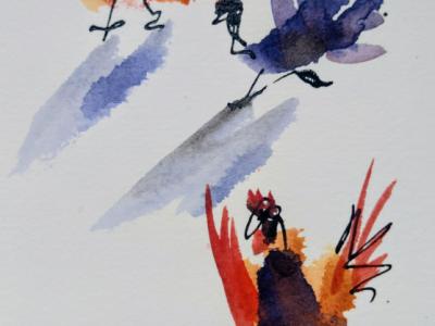 Gruppe von Hühnern in Aquarell auf Papier