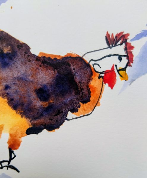 Gruppe von Hühnern in Aquarell auf Papier