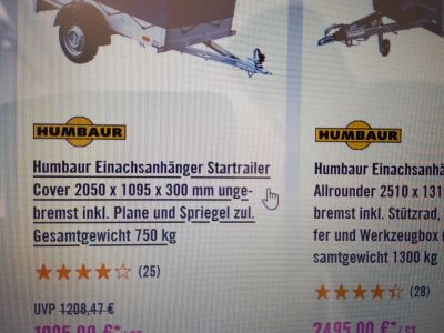 Humbaur Anhänger mit Plane und Stützrad, Last 750 KG neuwertig
