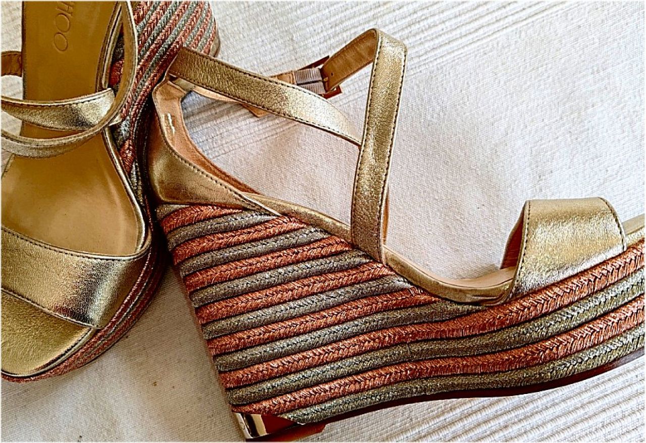 JIMMY CHOO Portia 120 Keilsandale aus Metallic-Leder, Größe 38