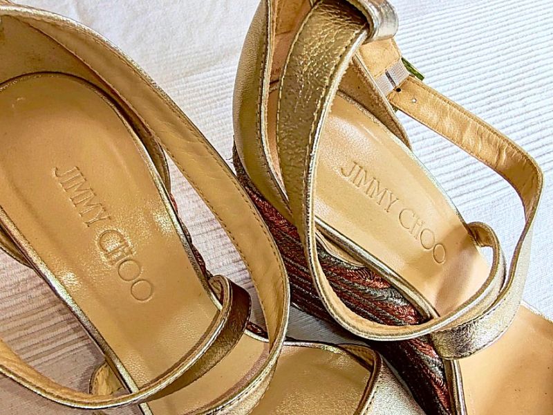 JIMMY CHOO Portia 120 Keilsandale aus Metallic-Leder, Größe 38